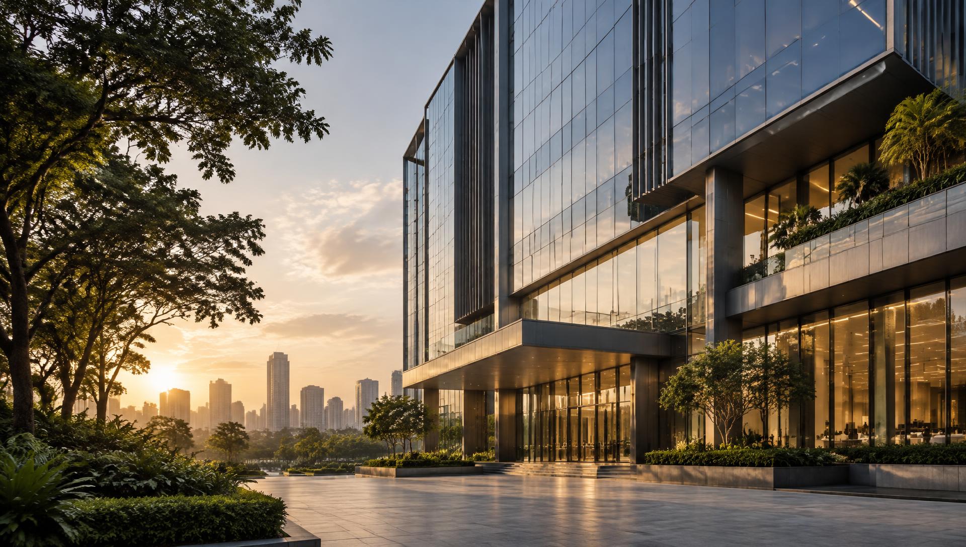 Contemporary glass office architecture in warm evening light